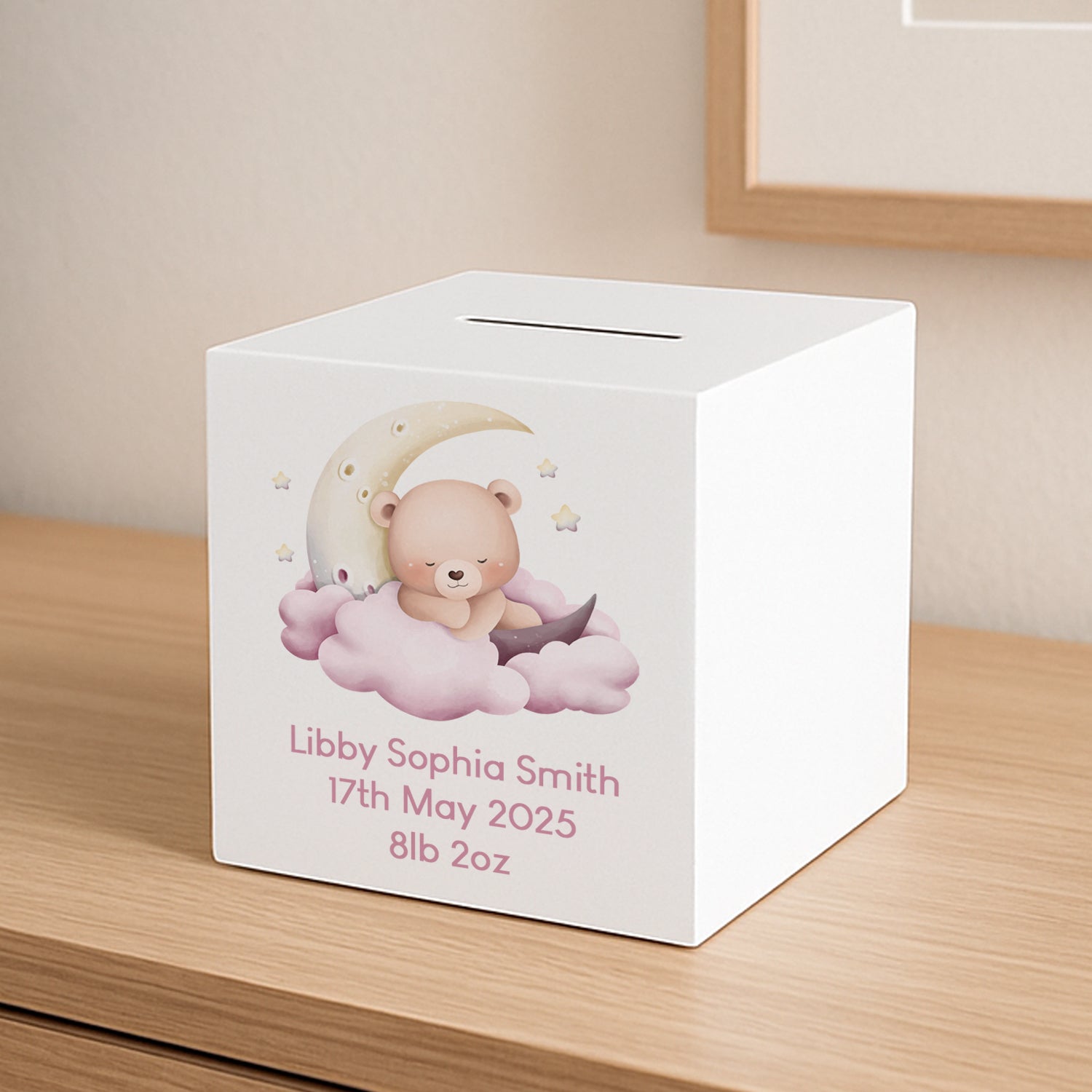 Personalised Sleeping Teddy Pink Wooden Money Box - Money Boxes