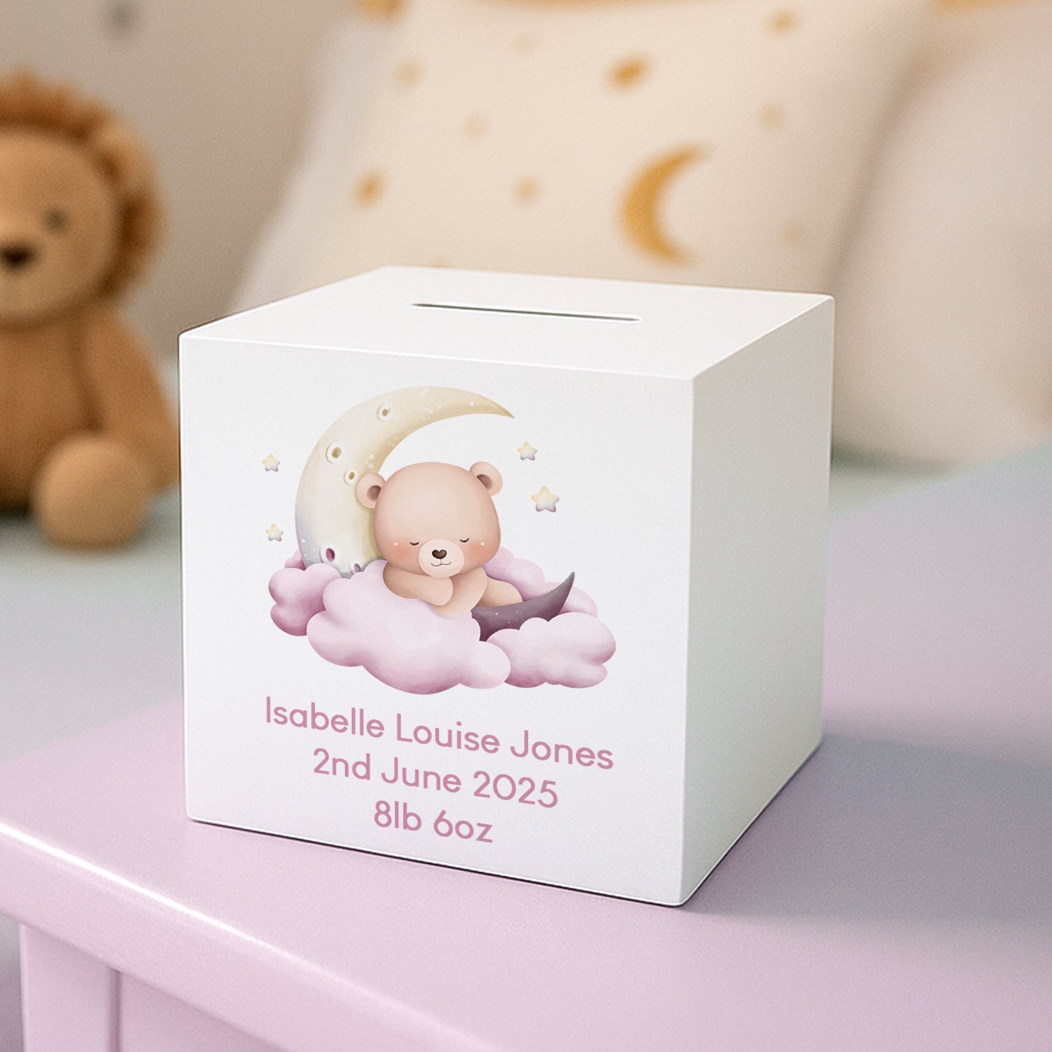 Personalised Sleeping Teddy Pink Wooden Money Box - Money Boxes