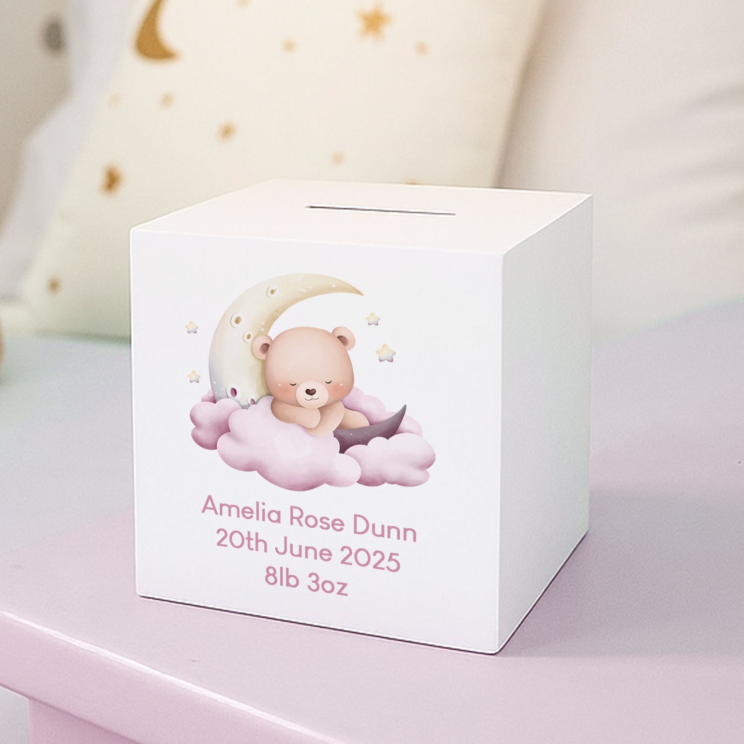 Personalised Sleeping Teddy Pink Wooden Money Box - Money Boxes