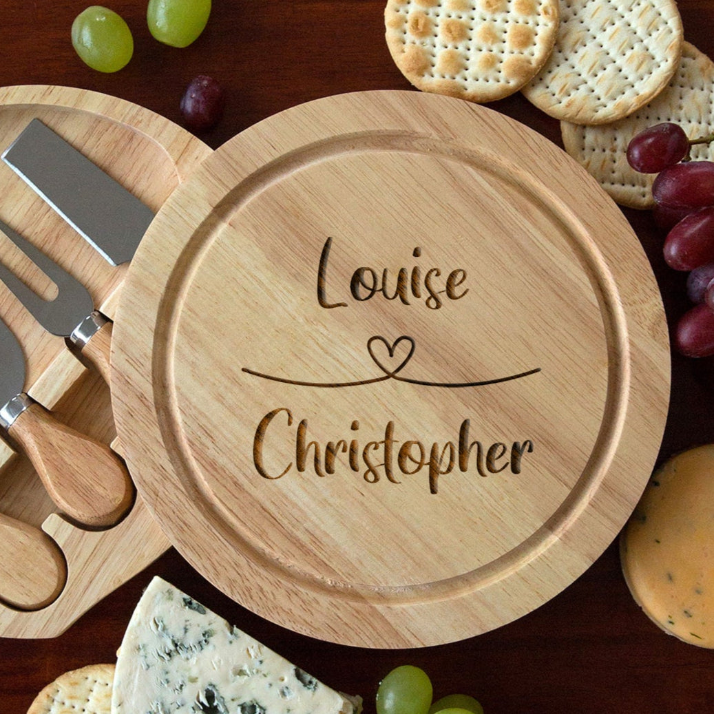 Personalised Heart Loop Cheese Board And Knives Set - Cheeseboard Sets