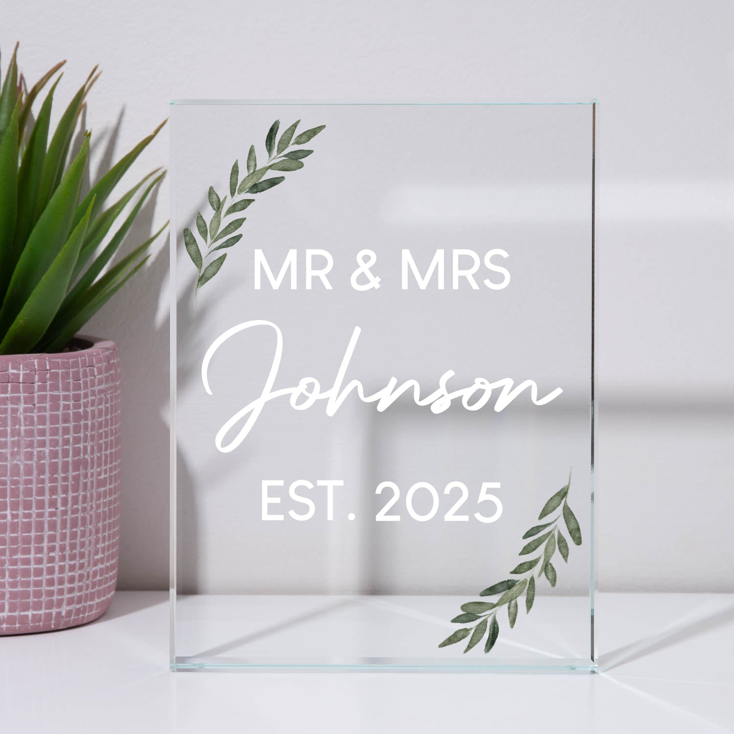Personalised Mr & Mrs Floral Glass Rectangle Block - Glass Block