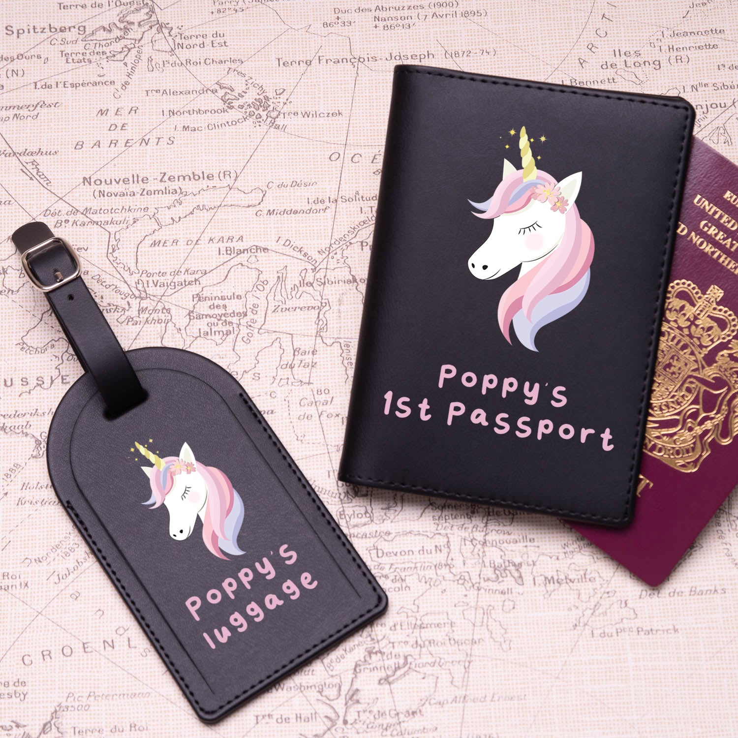 Personalised Unicorn Passport Holder & Luggage Tag Set
