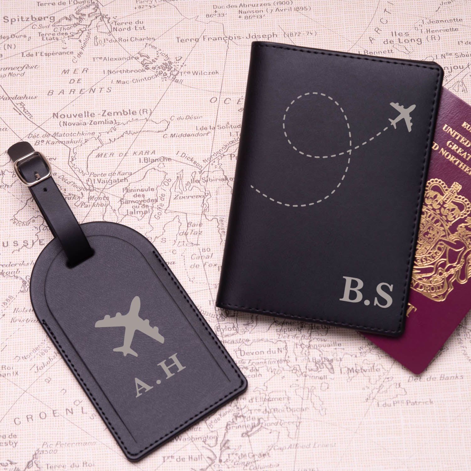 Personalised Plane Initials Passport Holder & Luggage Tag Set - Passport Holder & Luggage Tag