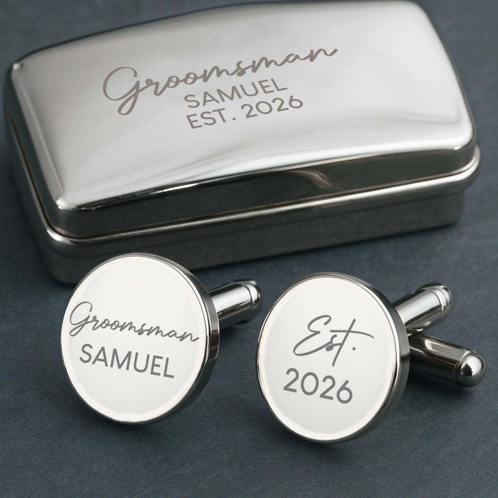 Personalised Groomsman Cufflinks & Gift Box - Silver Plated Round - Cufflinks