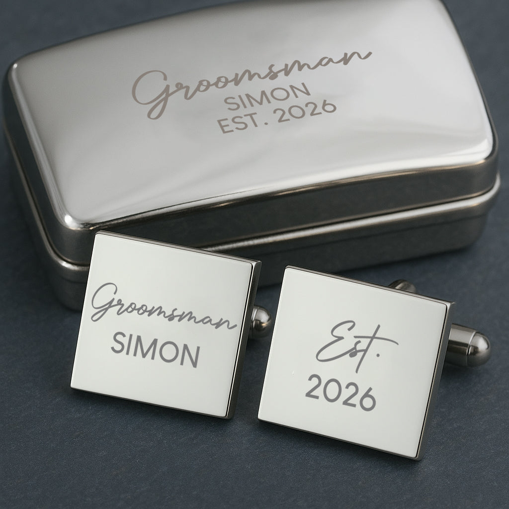 Personalised Groomsman Cufflinks & Gift Box - Silver Plated Square - Cufflinks
