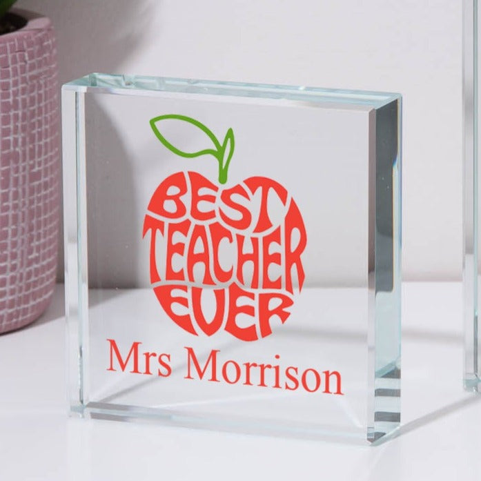 Personalised Best Teacher Ever Glass Square Block - Glass Block