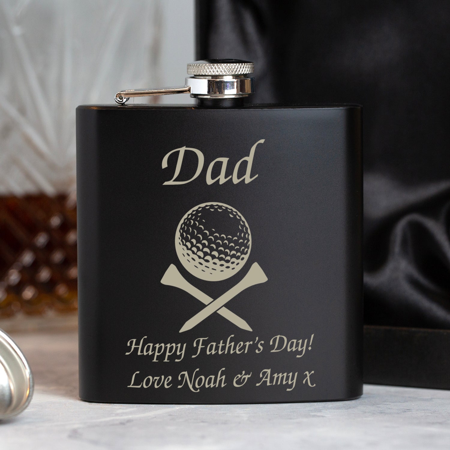 Personalised Golf & Tees 6oz Black Hip Flask - Hip Flasks