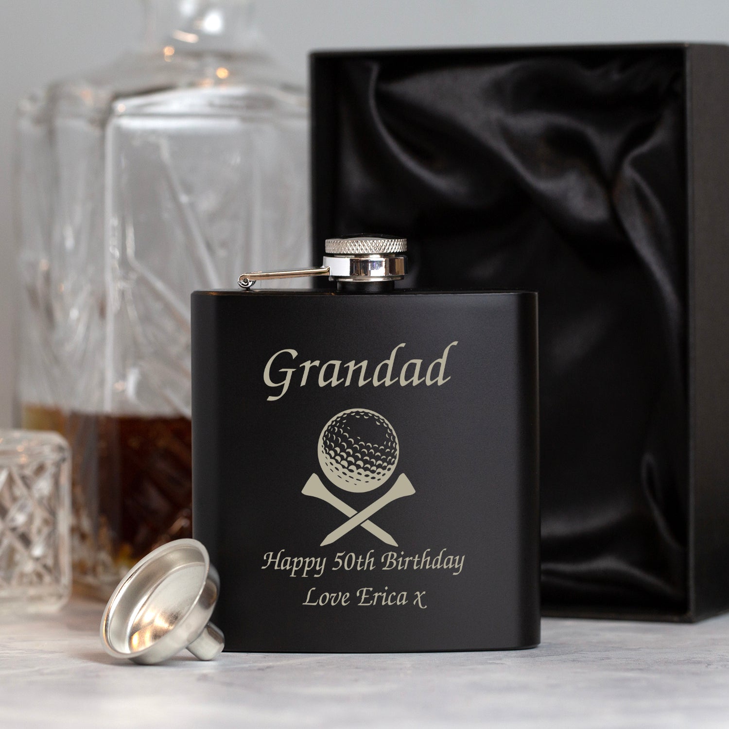 Personalised Golf & Tees 6oz Black Hip Flask - Hip Flasks