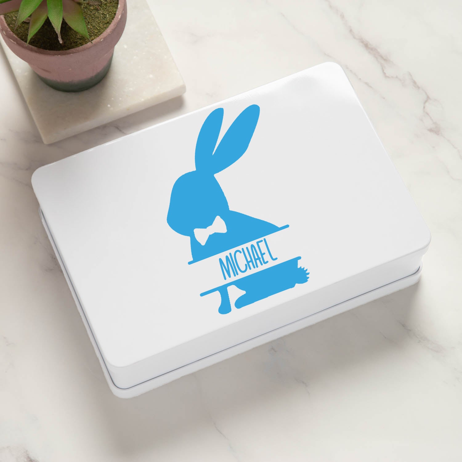 Personalised Blue Bunny White Metal Storage Tin