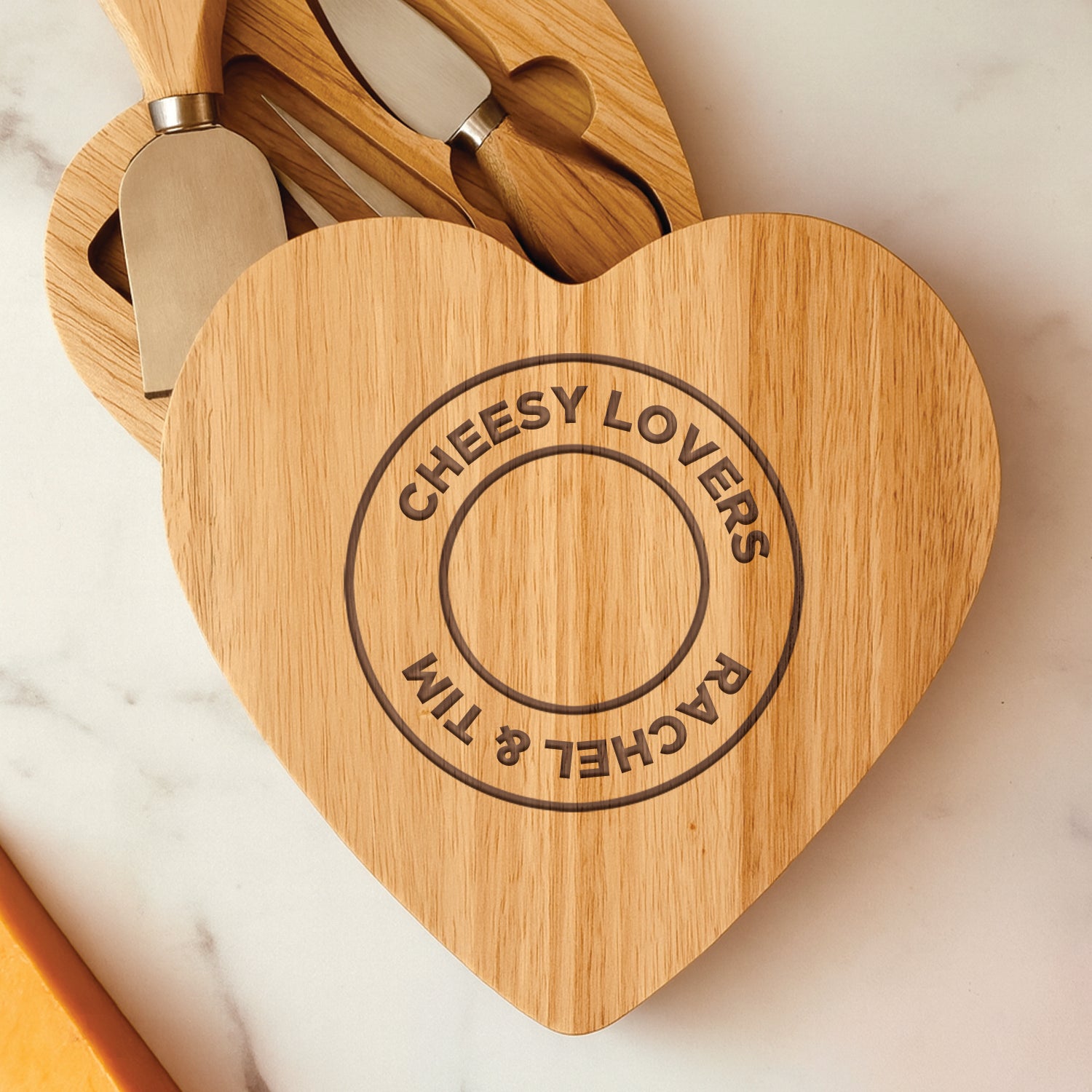 Personalised Cheesy Lovers Heart Cheese Board And Knives Set - Cheeseboard Sets