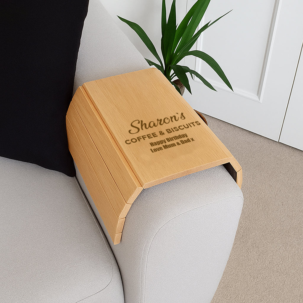 Personalised Wooden Flexible Sofa Tray - Coffee & Biscuits - Sofa Tray