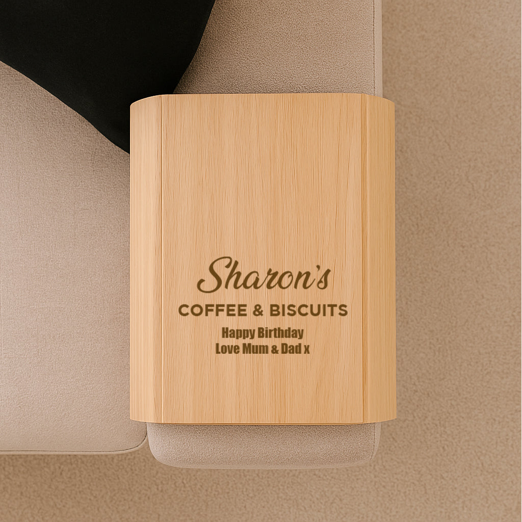 Personalised Wooden Flexible Sofa Tray - Coffee & Biscuits - Sofa Tray