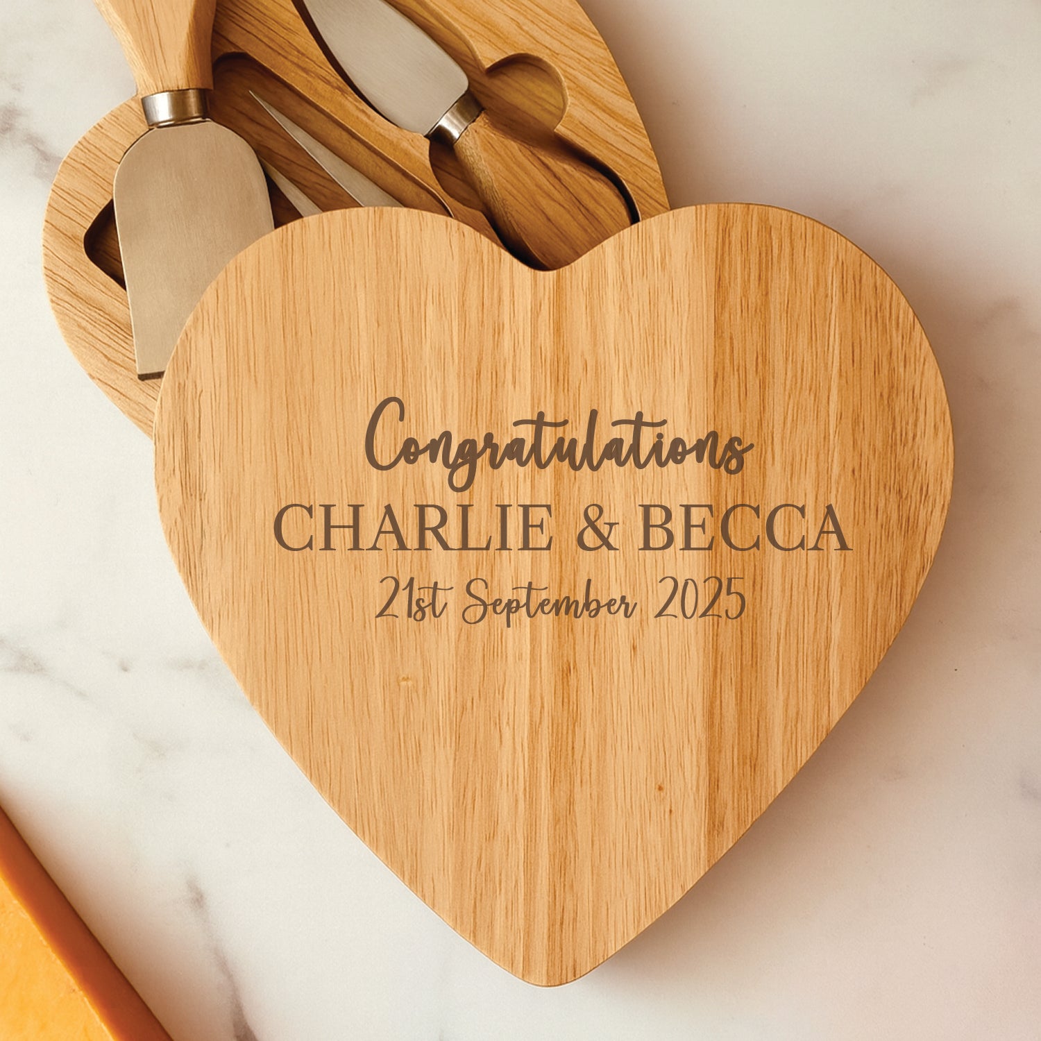 Personalised Congratulations Heart Cheese Board And Knives Set - Cheeseboard Sets