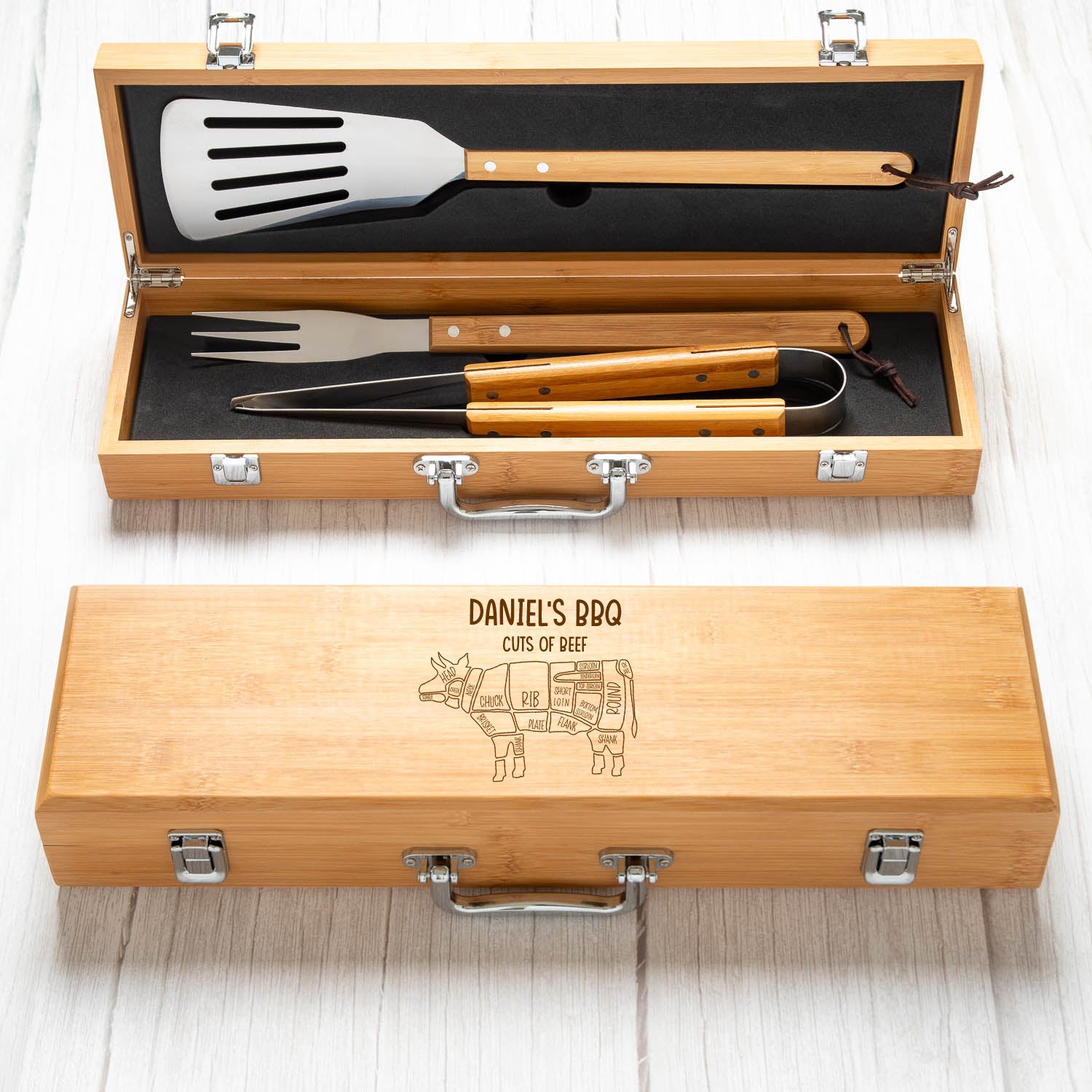 Personalised Cuts Of Beef Wooden BBQ Tool Set - BBQ Sets