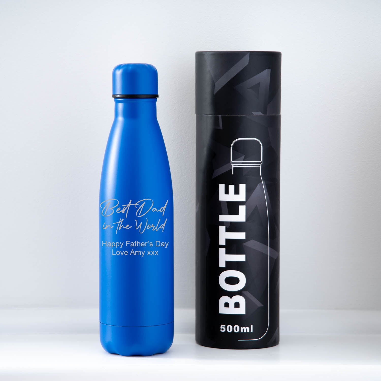 Personalised Best Dad In The World Thermos Water Bottle - Gift Box Tube / Dark Blue - Thermos Water Bottles