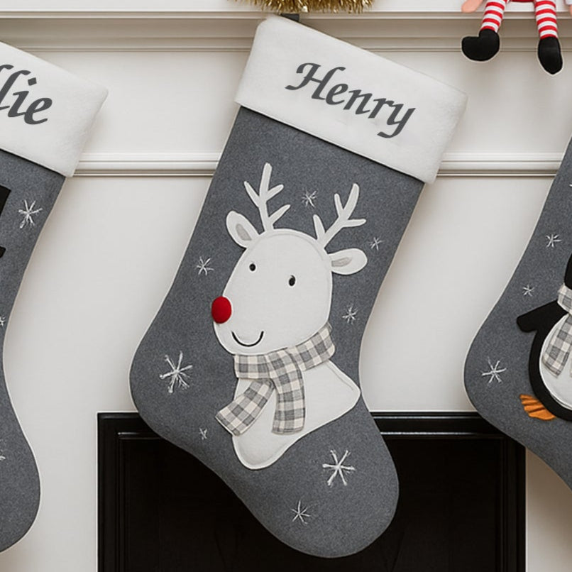 Personalised Name Grey Deluxe Christmas Stocking - Reindeer - Stockings