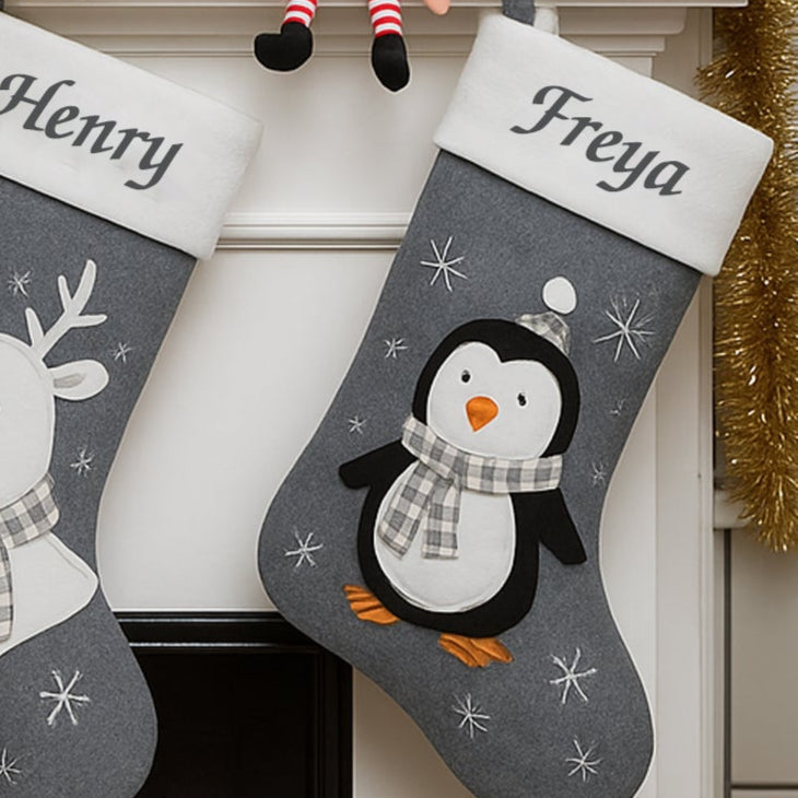 Personalised Name Grey Deluxe Christmas Stocking - Penguin - Stockings
