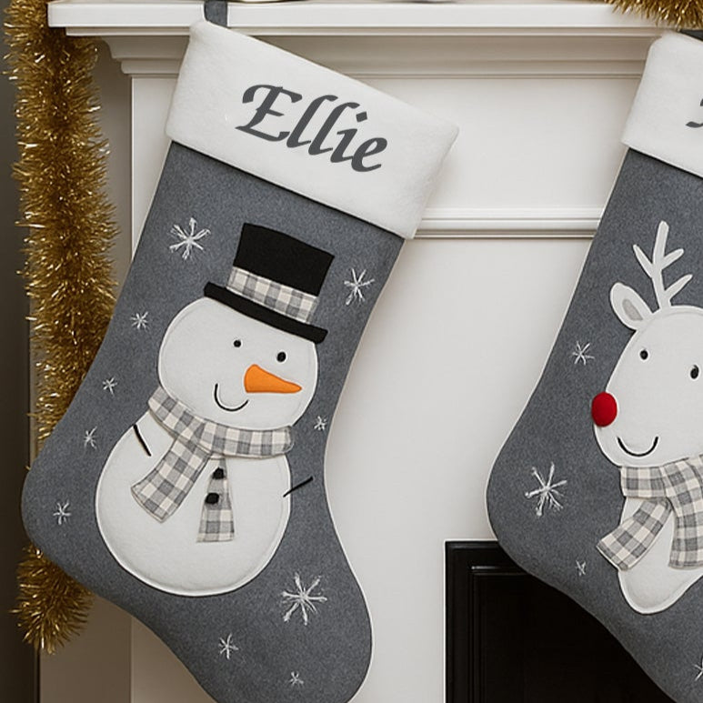 Personalised Name Grey Deluxe Christmas Stocking - Snowman - Stockings