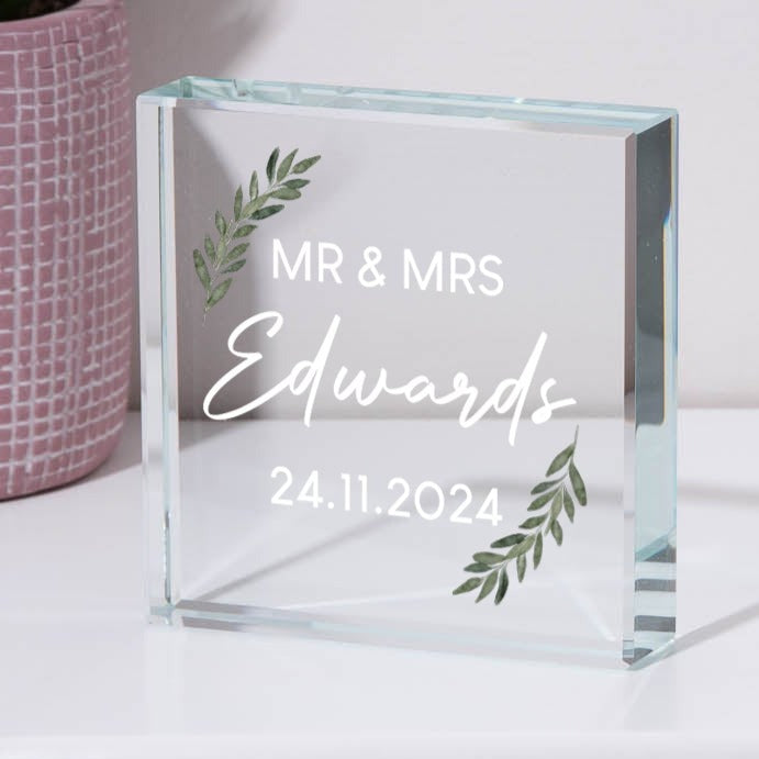 Personalised Mr & Mrs Floral Glass Square Block - Glass Block