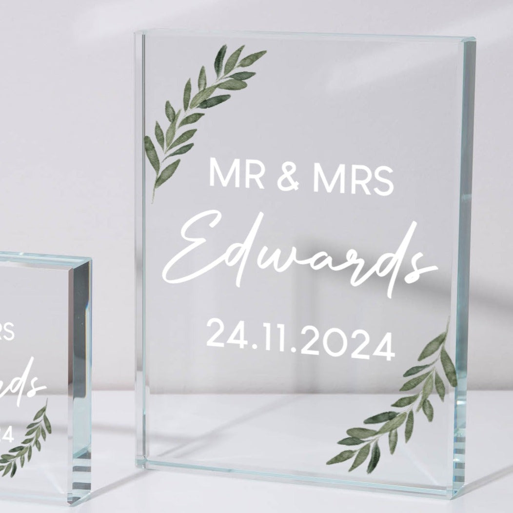 Personalised Mr & Mrs Floral Glass Rectangle Block - Glass Block