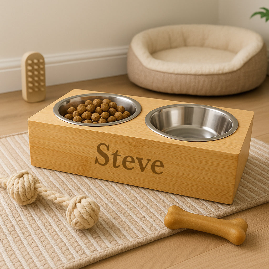Personalised Dog Wooden Double Feeding Bowl - Dog Bowl