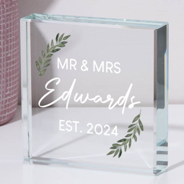 Personalised Mr & Mrs Floral Glass Square Block - Glass Block