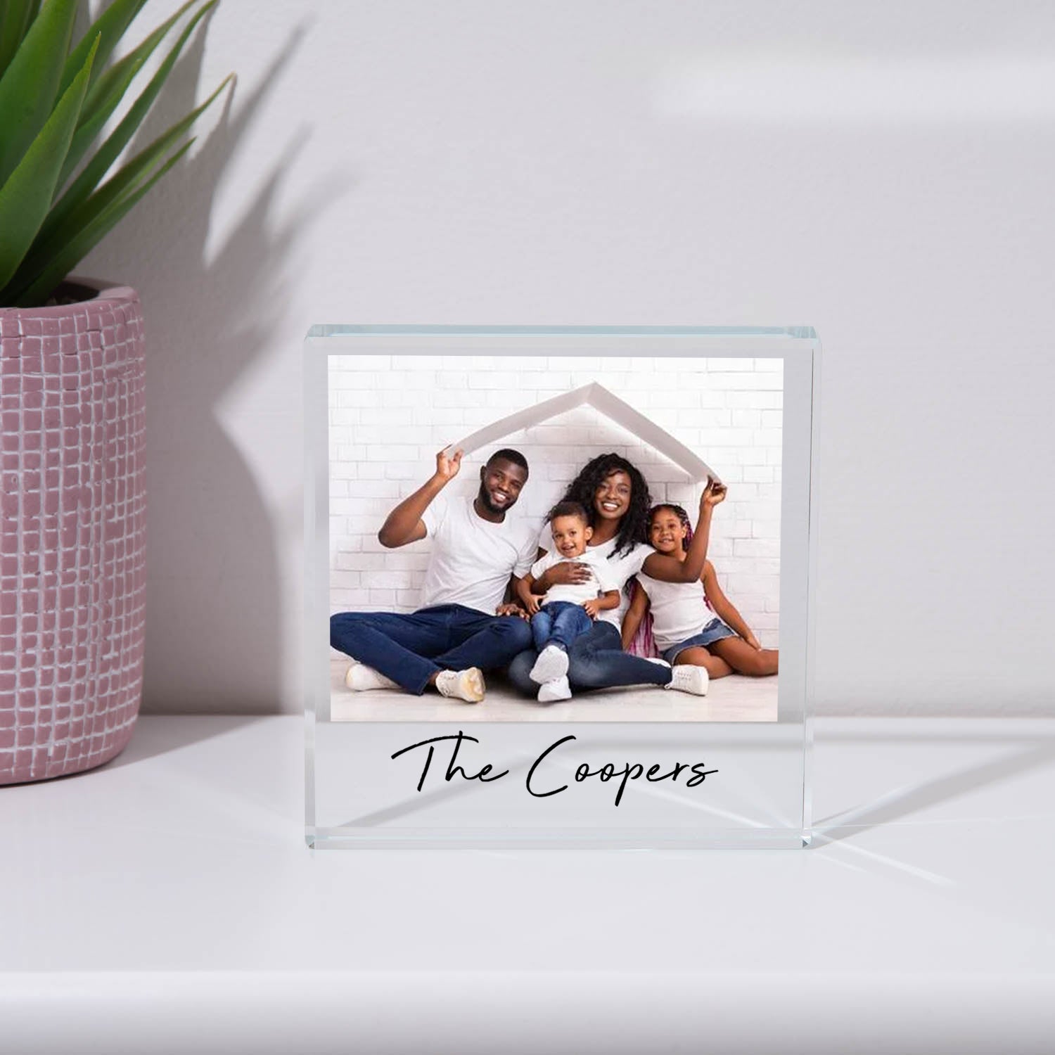Personalised Family Photo Glass Square Block - Glass Block