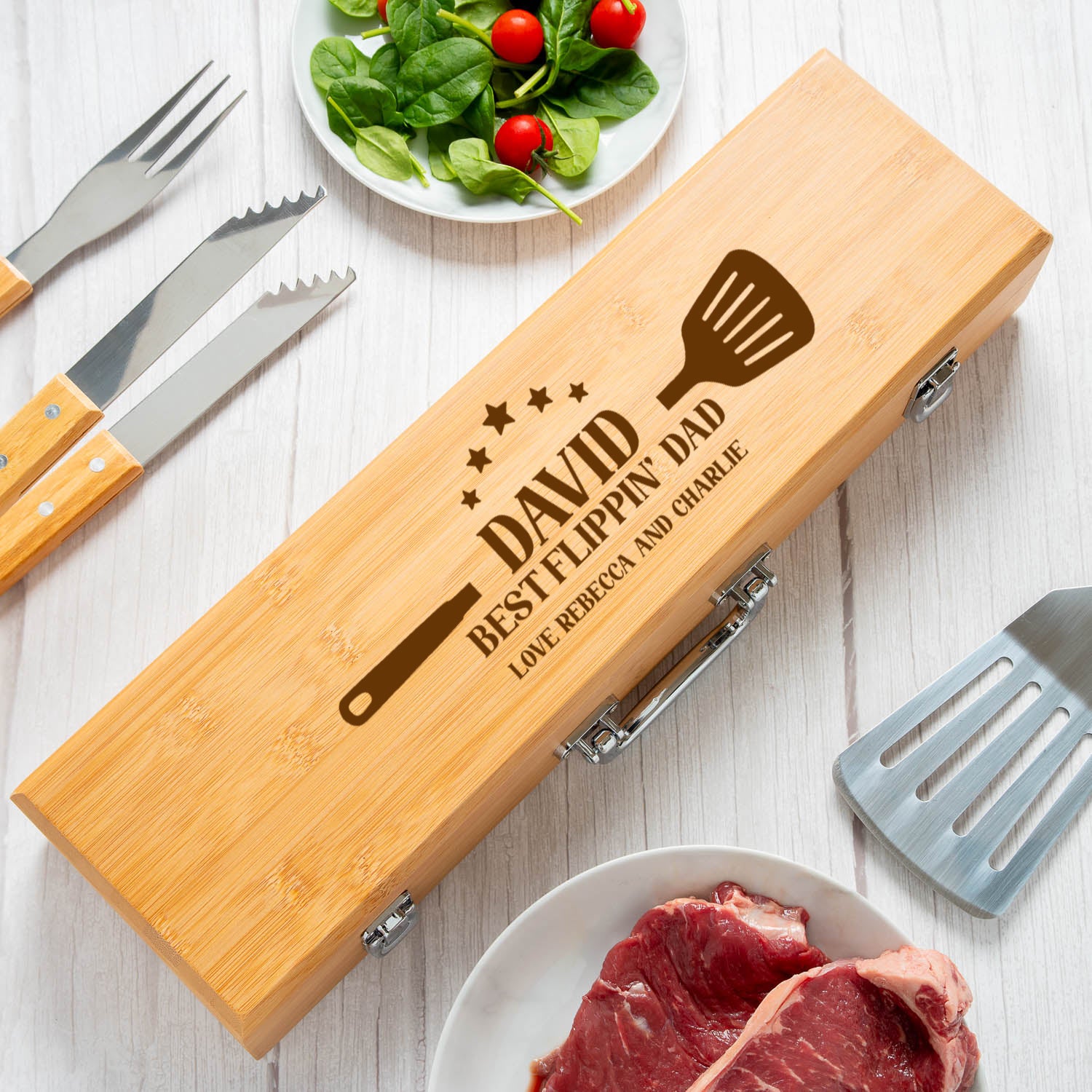 Personalised Best Flippin’ Dad Wooden BBQ Tool Set - BBQ Sets