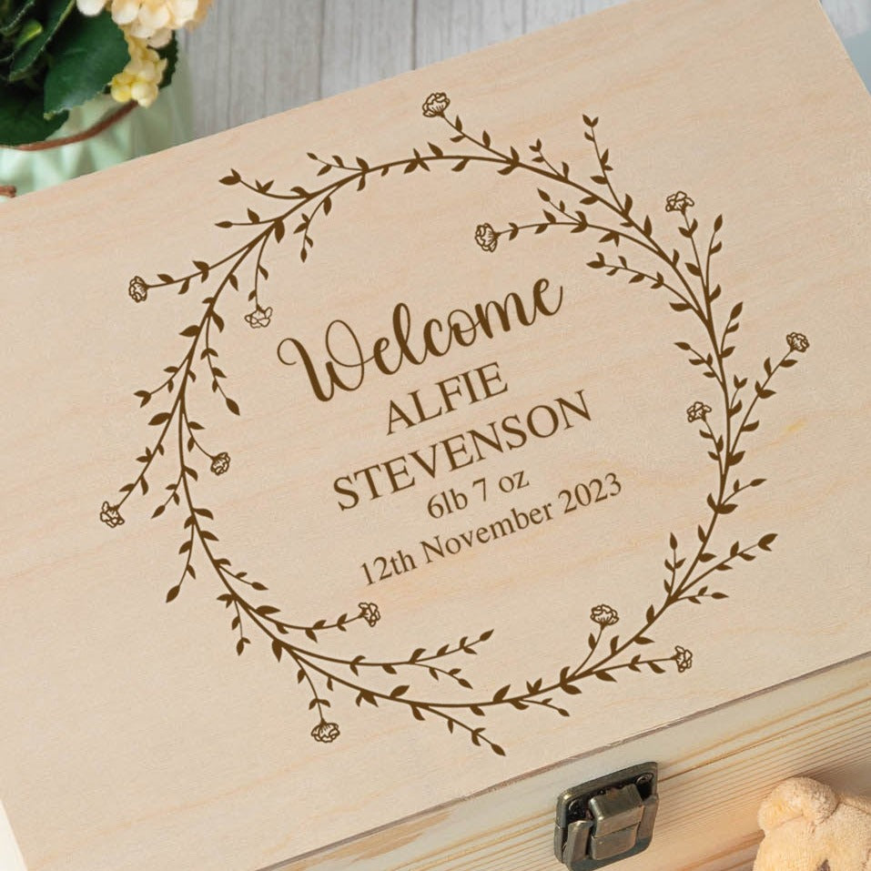 Personalised New Baby Wooden Memory Box | Engraved - Wooden Keepsake Box