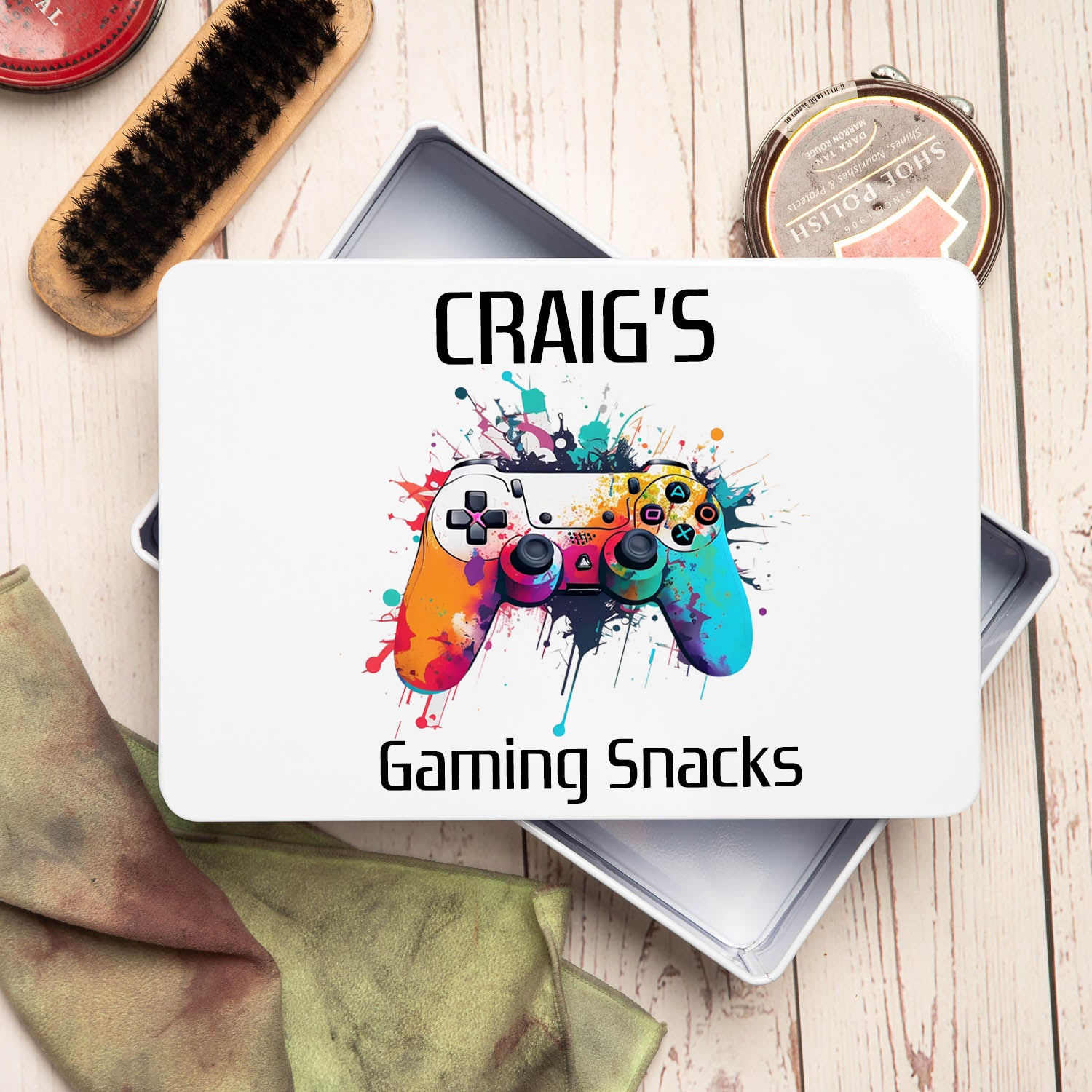 Personalised Gaming Snacks White Metal Storage Tin - Storage Tin