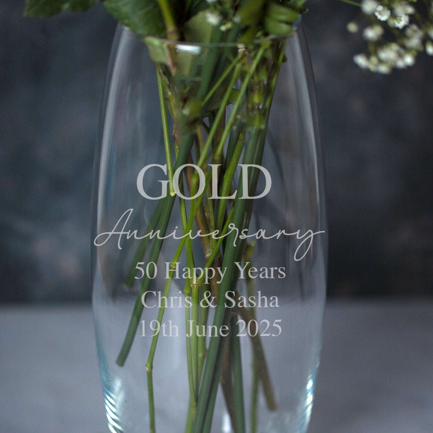 Personalised Glass Bullet Vase – Engraved 50th Gold Anniversary Gift