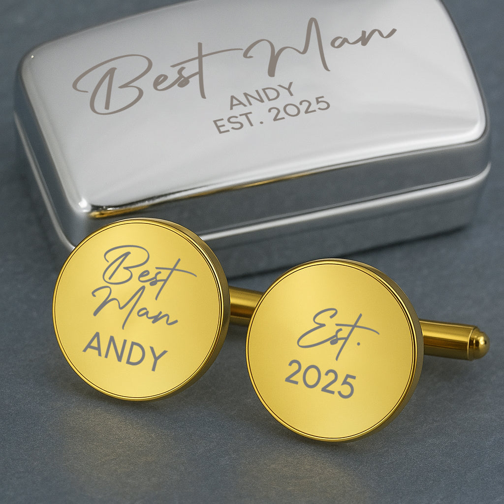 Personalised Best Man Cufflinks & Gift Box - Gold Plated Round - Cufflinks