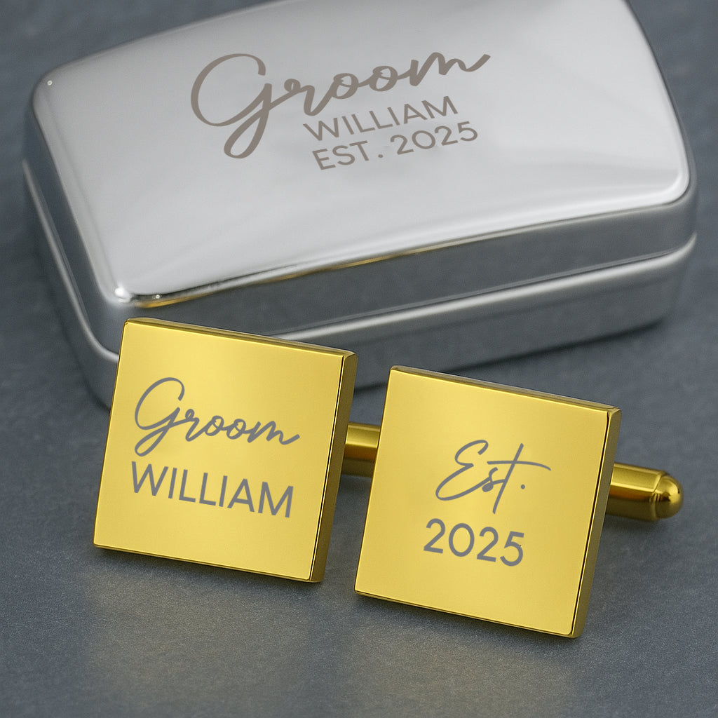 Personalised Groom Cufflinks & Gift Box - Gold Plated Square - Cufflinks
