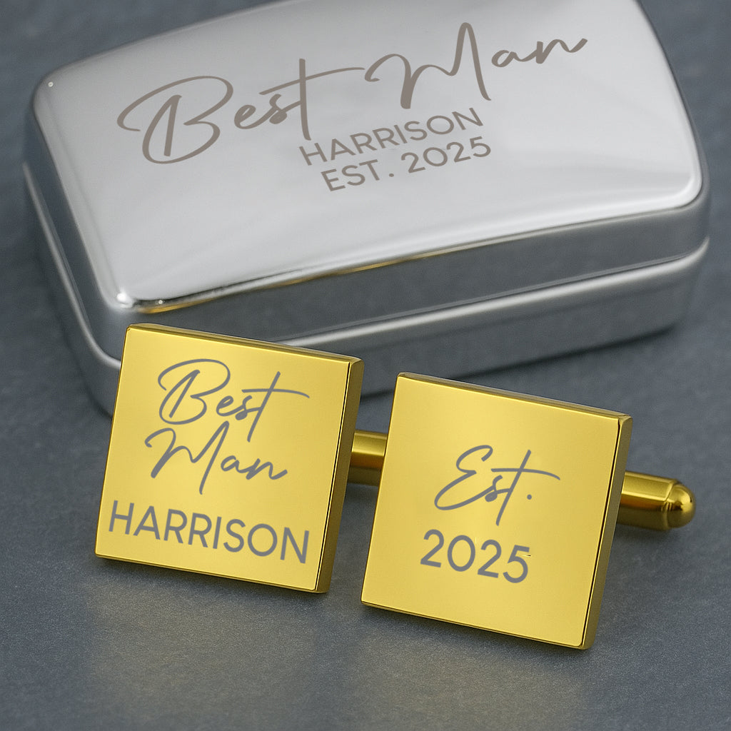 Personalised Best Man Cufflinks & Gift Box - Gold Plated Square - Cufflinks