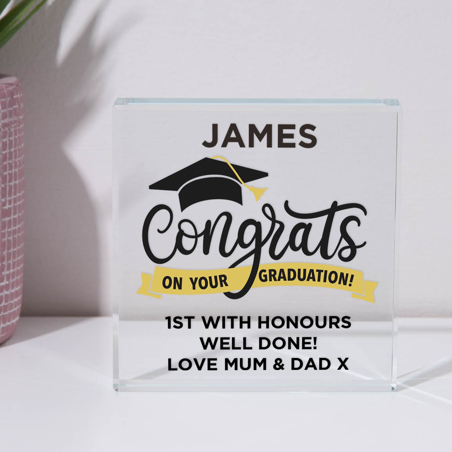 Personalised Graduation Glass Square Block - Glass Block