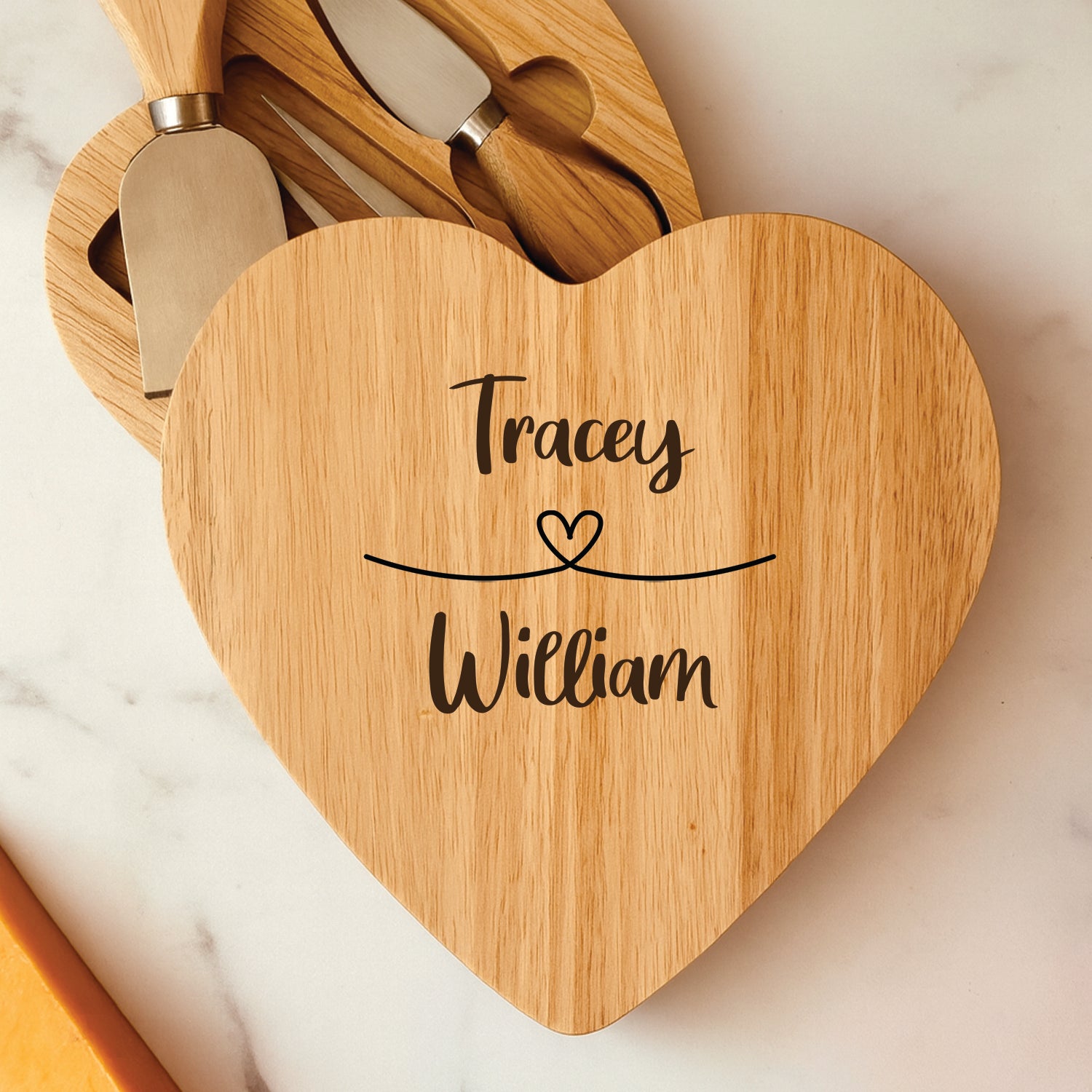 Personalised Couples Loop Heart Cheese Board And Knives Set - Cheeseboard Sets