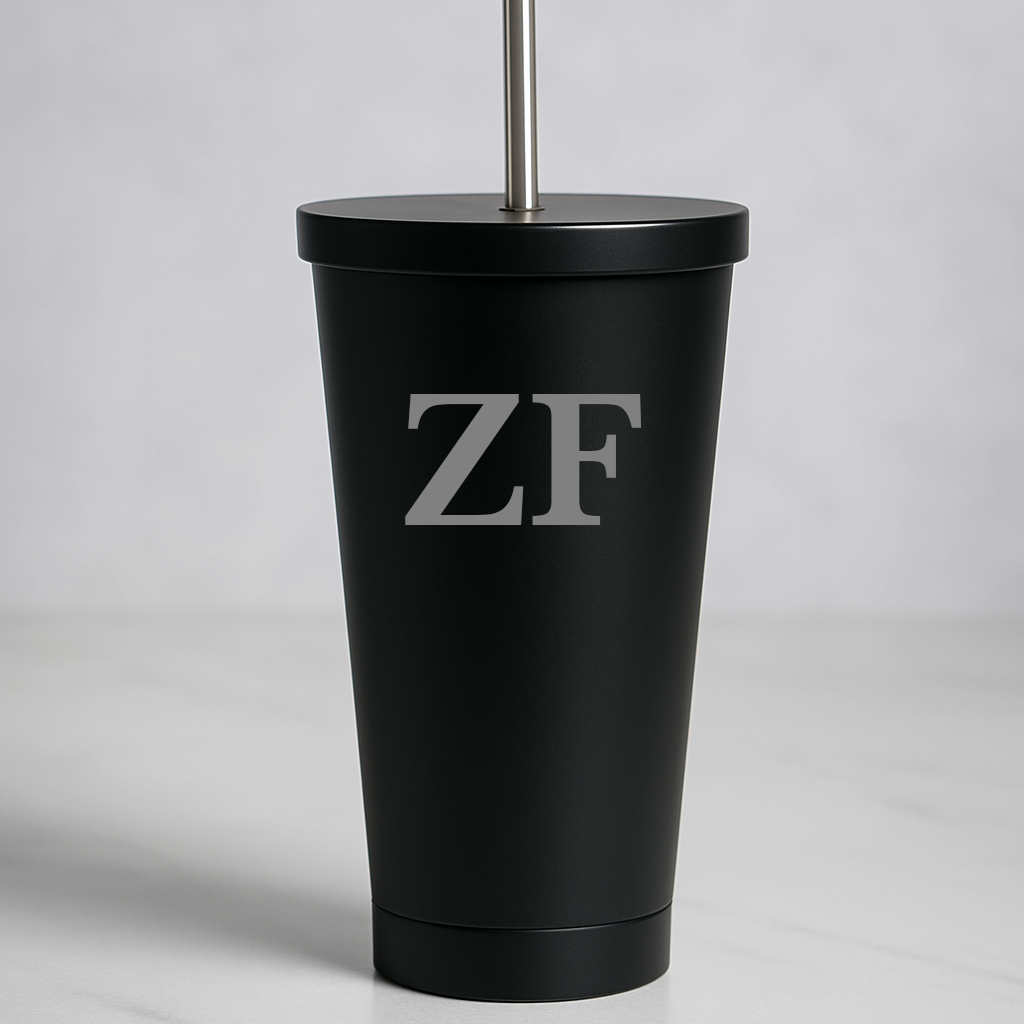 Personalised Initials 550ml Insulated Travel Cup With Straw - Black - Travel Mugs