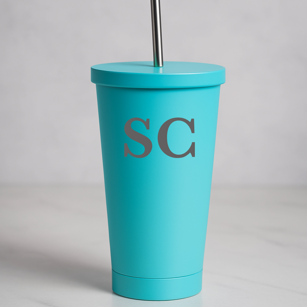 Personalised Initials 550ml Insulated Travel Cup With Straw - Light Blue - Travel Mugs