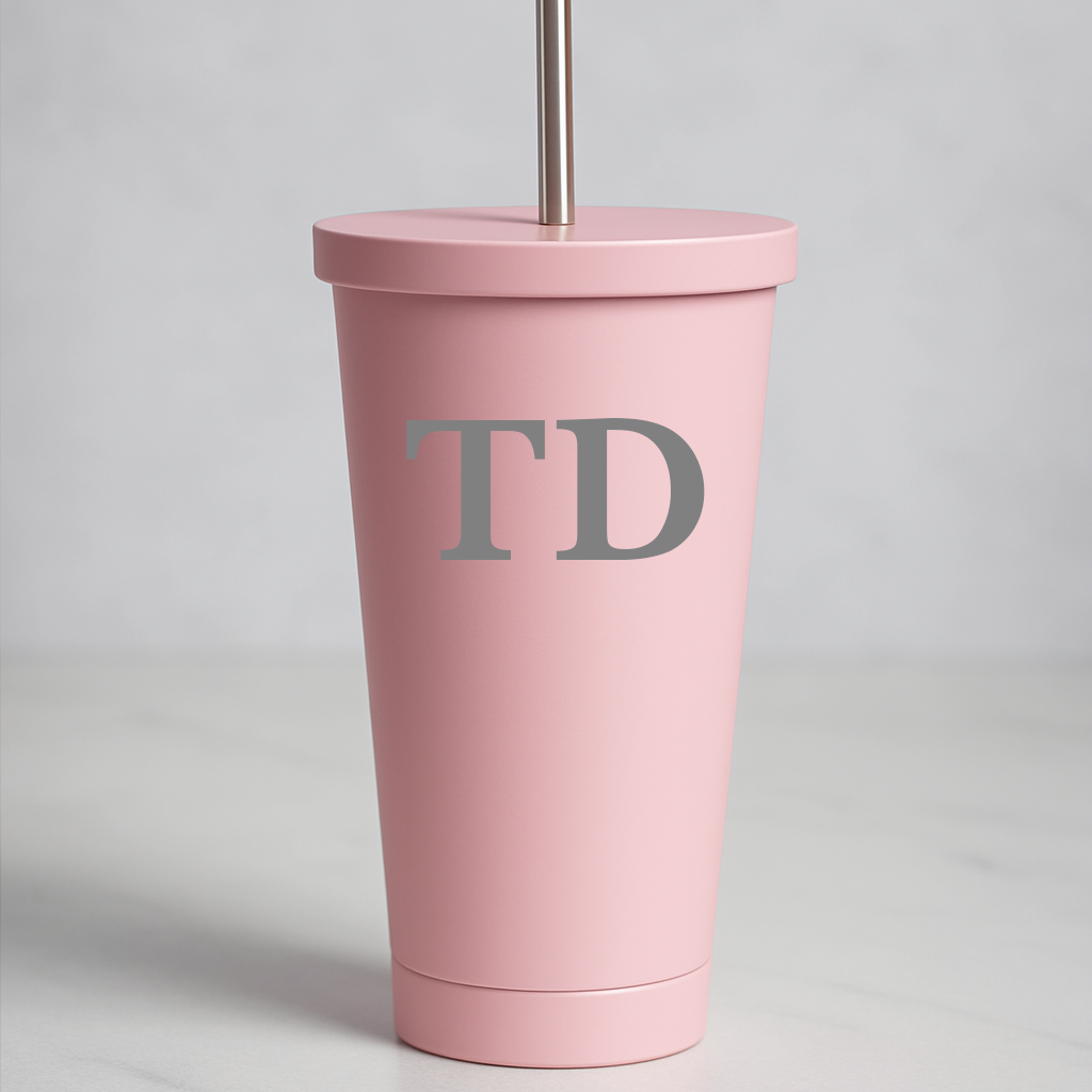 Personalised Initials 550ml Insulated Travel Cup With Straw - Light Pink - Travel Mugs