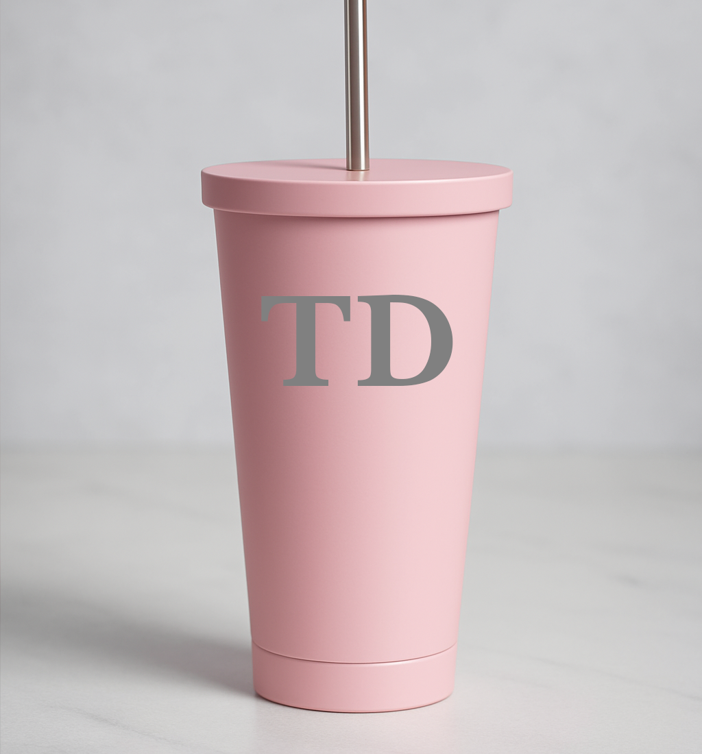 Personalised Initials 550ml Insulated Travel Cup With Straw - Light Pink - Travel Mugs