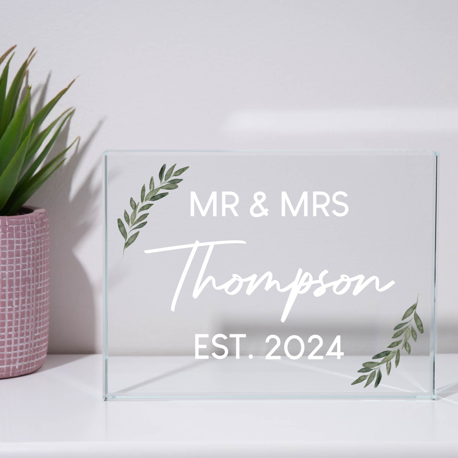 Personalised Mr & Mrs Floral Glass Rectangle Landscape Block - Glass Block