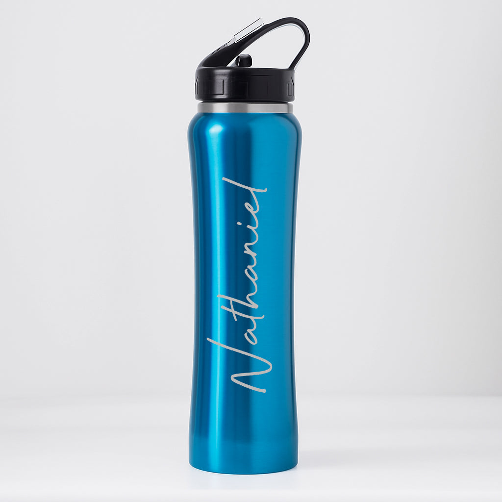 Personalised Large Name Sports Style Thermos Water Bottle - Metalic Blue - Thermos Water Bottles
