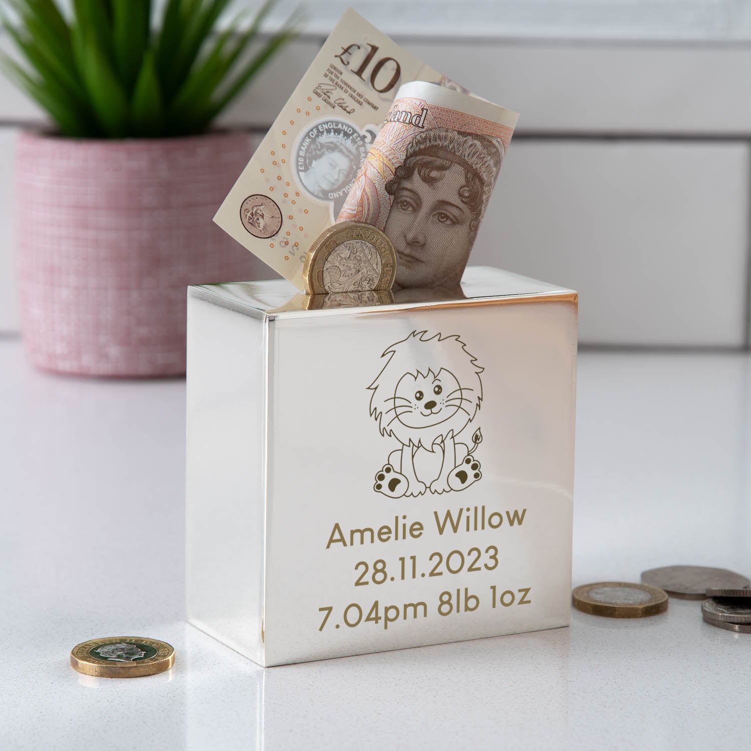 Personalised Lion Square Money Box - Money Boxes