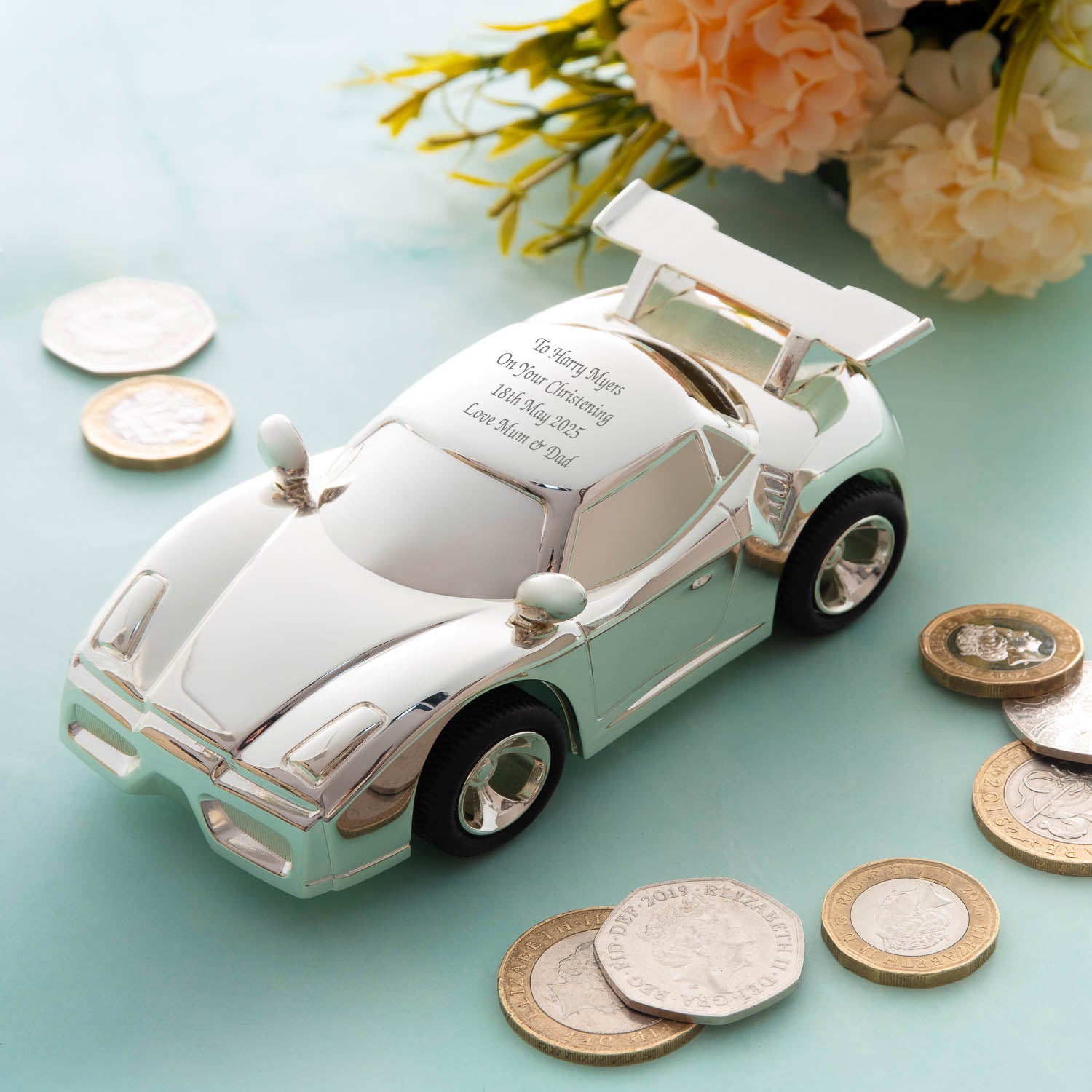 Personalised Racing Car Silver Money Box - Racing Car - Money Boxes