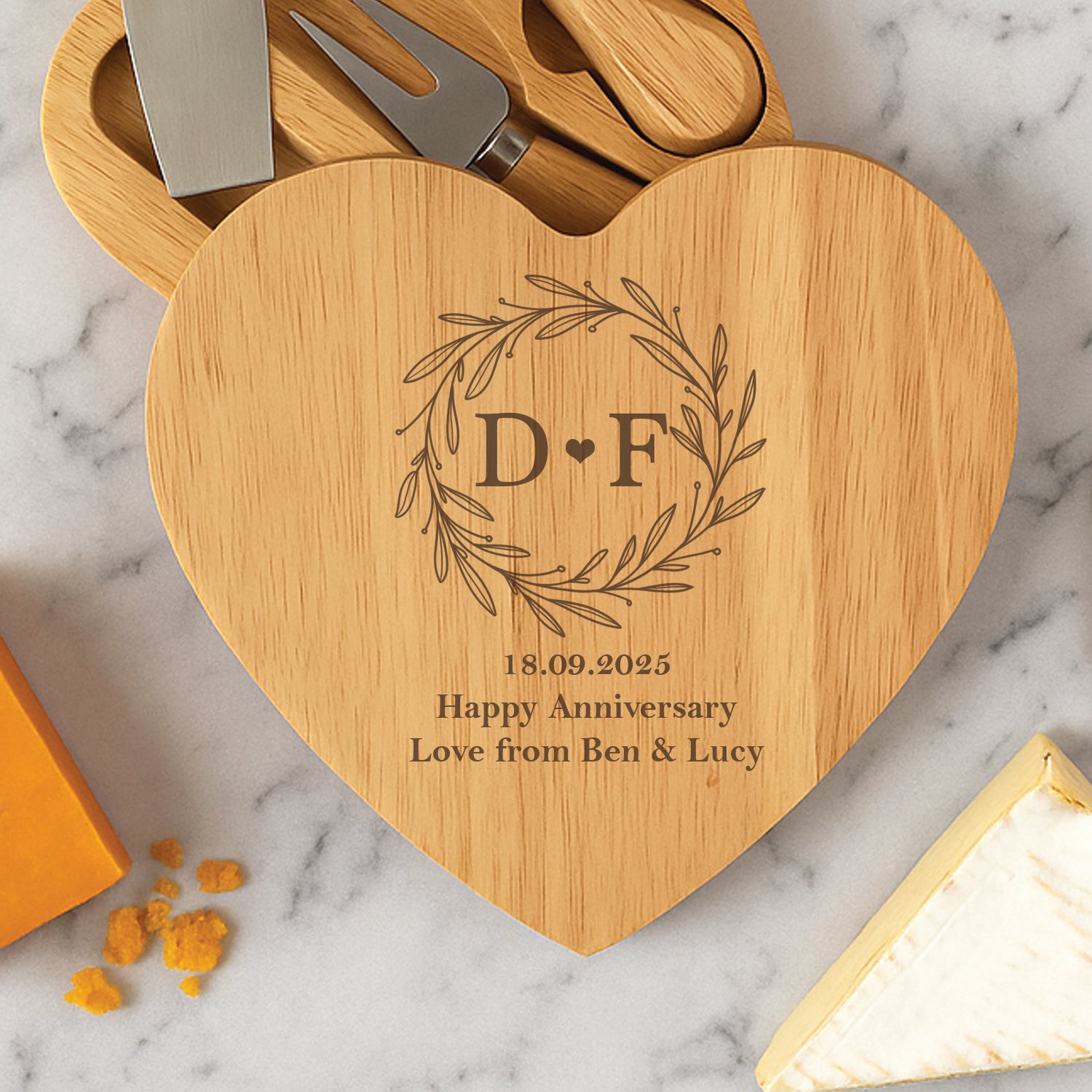 Personalised Monogram Wreath Heart Cheese Board And Knives Set - Cheeseboard Sets