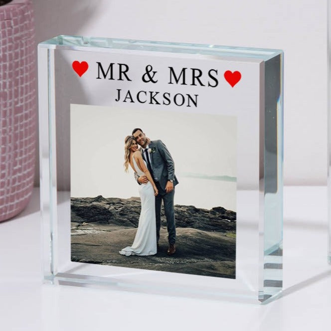 Personalised Mr & Mrs Glass Square Block - Glass Block