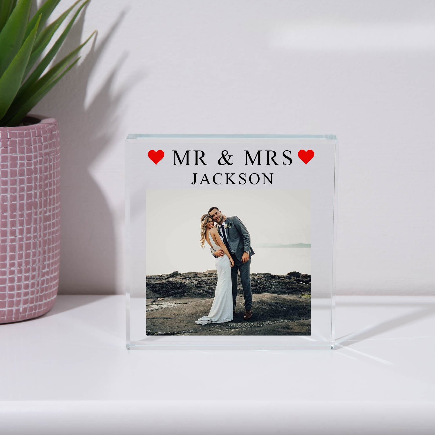 Personalised Mr & Mrs Glass Square Block - Glass Block