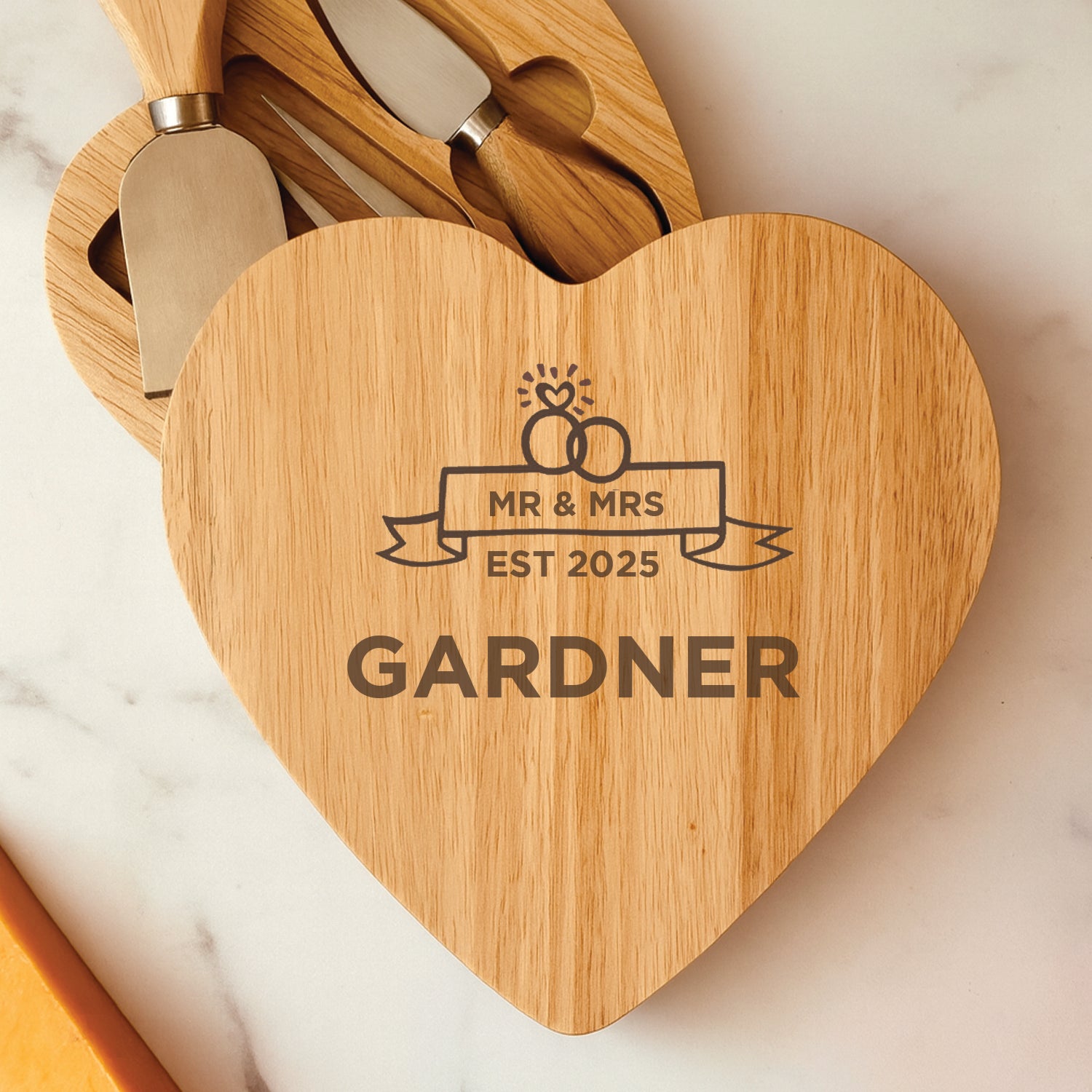 Personalised Wedding Banner Heart Cheese Board And Knives Set - Cheeseboard Sets