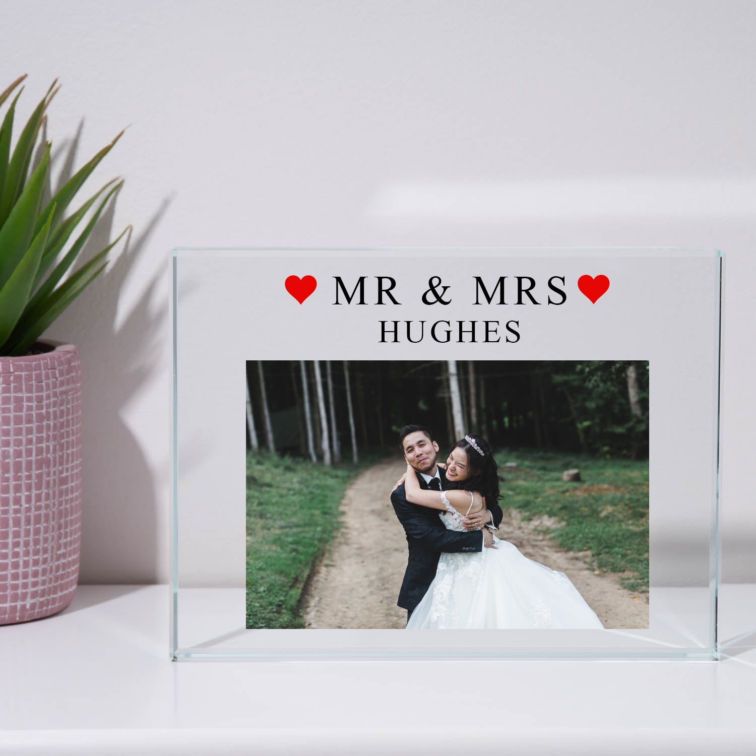 Personalised Mr & Mrs Glass Rectangle Landscape Block - Glass Block