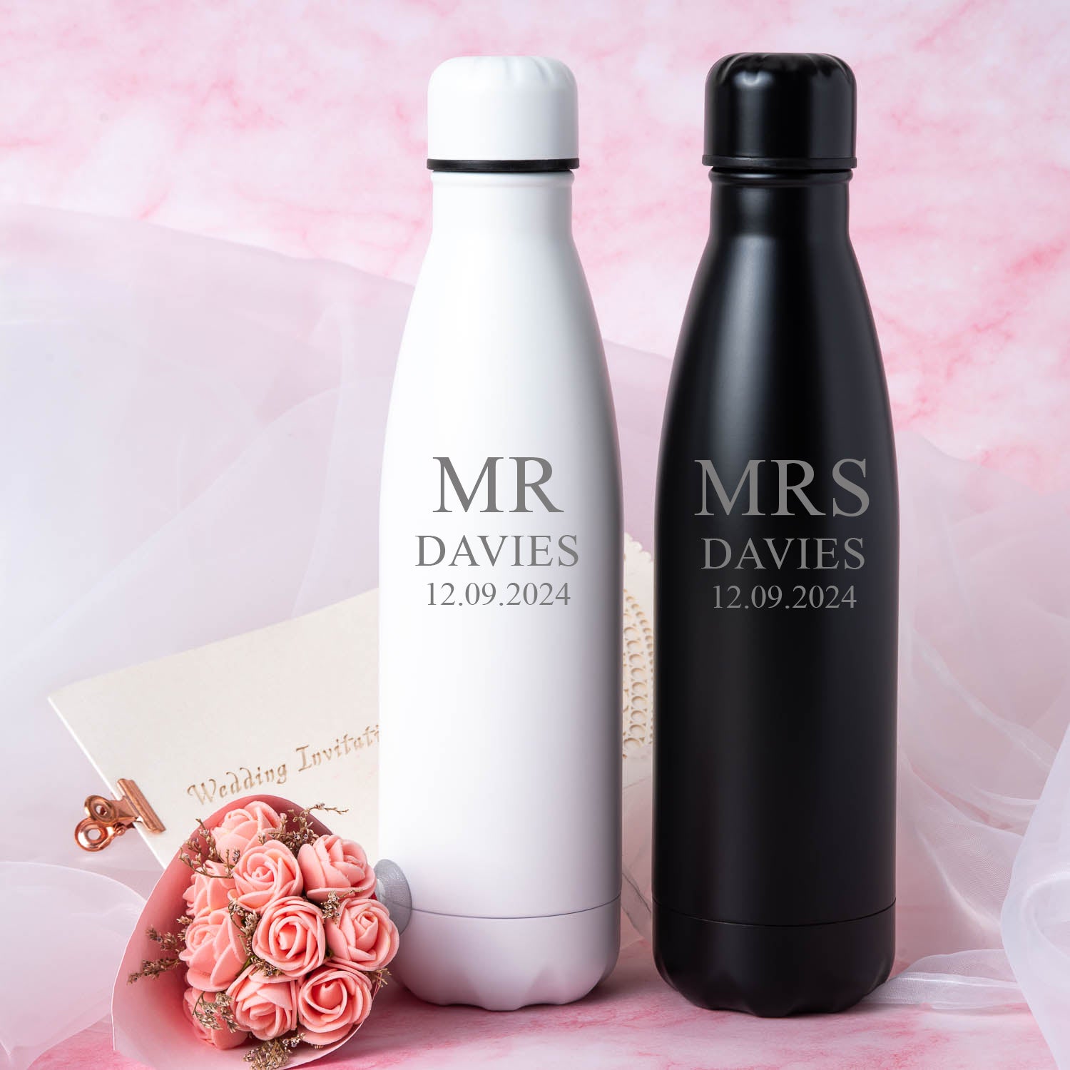 Personalised Mr & Mrs Thermos Water Bottle Set - Thermos Water Bottles